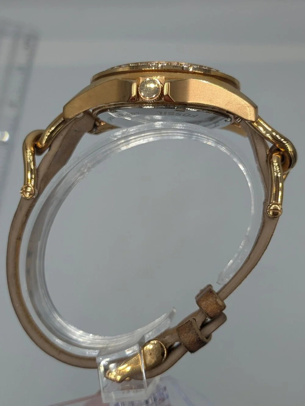 Fossil Watch Riley Women's Beige Gold Crystal Bezel Analog Dial Quartz Wristwatc